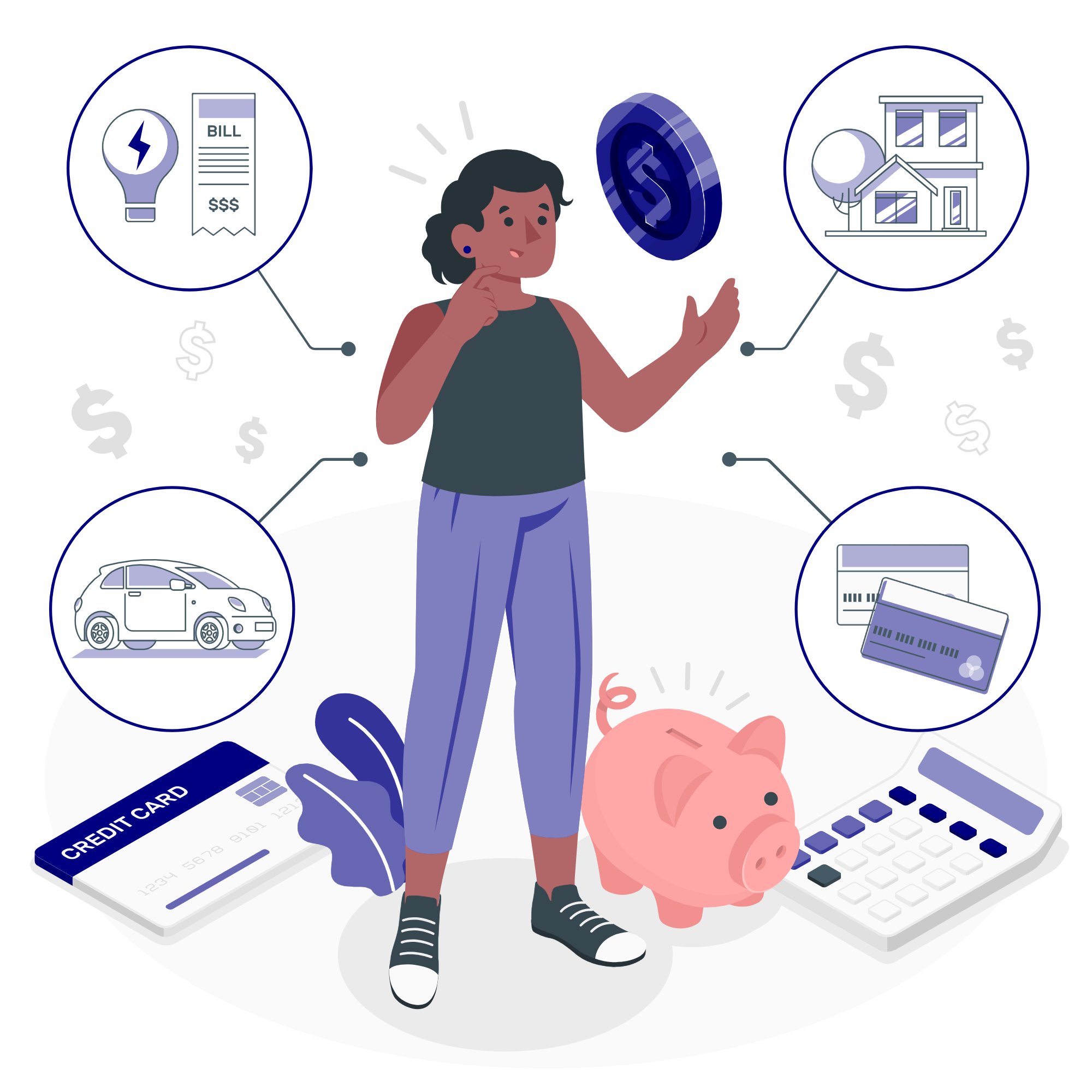 Ilustração mulher pensando nas finanças